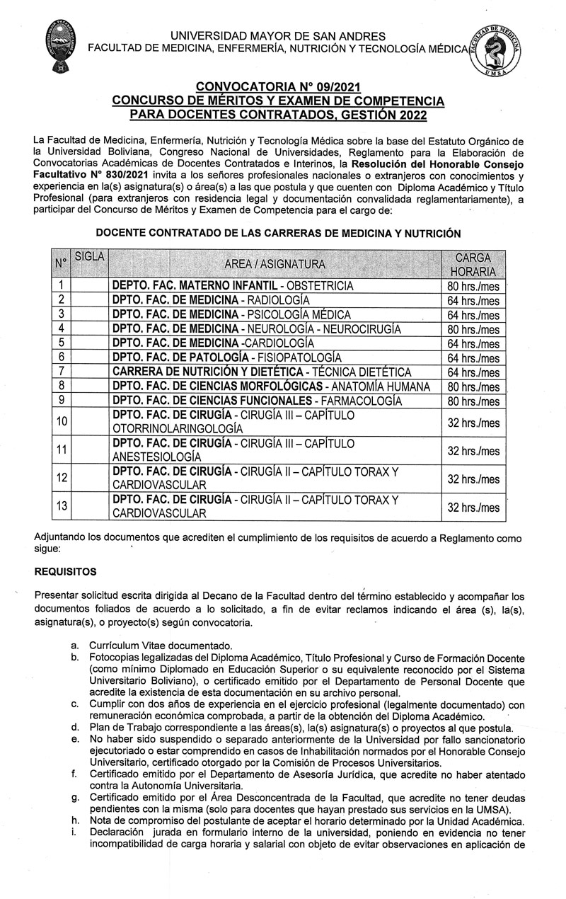 Convocatoria Docentes - Universidad Mayor de San Andrés