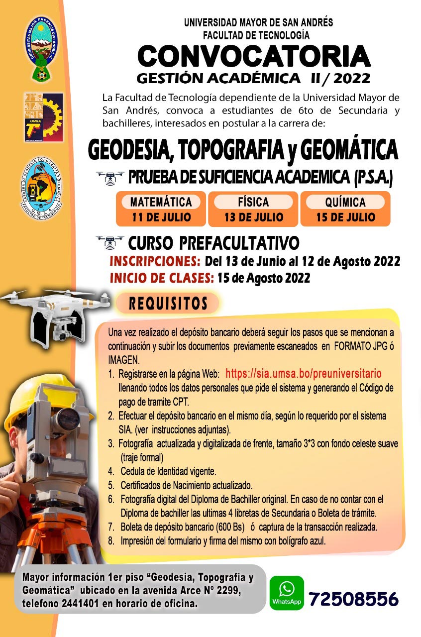 CURSO PREFACULTATIVO (SEGUNDO SEMESTRE 2022) - FACULTAD DE TECNOLOGÍA - CARRERA DE GEODESIA, TOPOGRAFIA y GEOMÁTICA - Universidad Mayor de San  Andrés