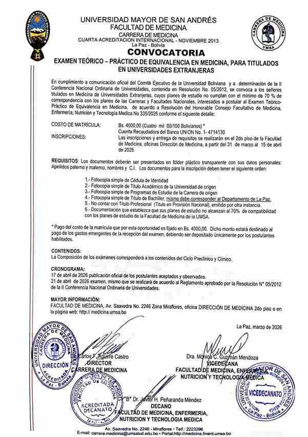 CONVOCATORIA - EXAMEN TEÓRICO-PRÁCTICO DE EQUIVALENCIA EN MEDICINA, PARA TITULADOS EN UNIVERSIDADES EXTRANJERAS