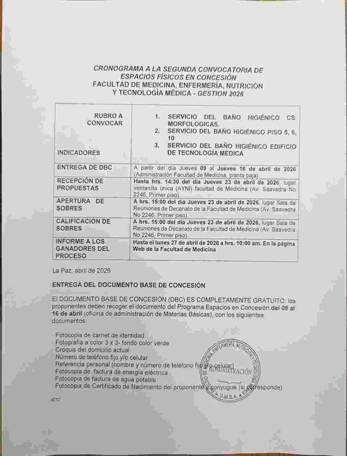Segunda Convocatoria para Concesión de Baños Higiénicos - Gestión 2026