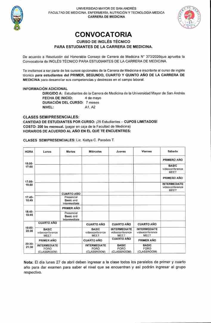 CURSO INGLES TECNICO PARA ESTUDIANTES DE LA CARRERA DE MEDICINA