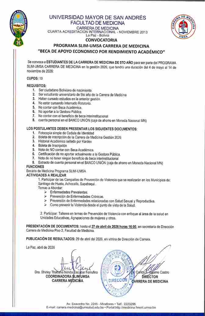 CONVOCATORIA PROGRAMA SLIM-UMSA CARRERA DE MEDICINA