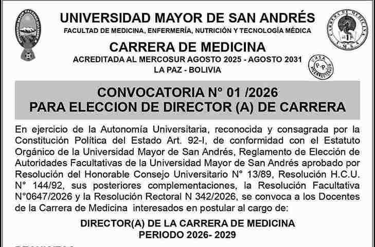 CONVOCATORIA PARA LA ELECCIÓN DE DIRECTOR(A) DE LA CARRERA DE MEDICINA