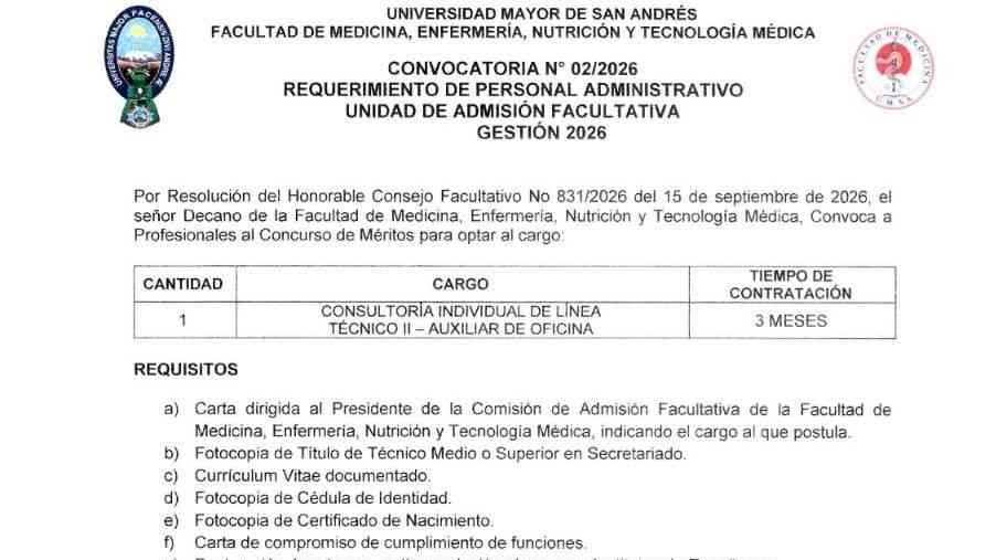 Convocatoria: Técnico II - Auxiliar de Oficina (Unidad de Admisión)