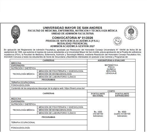 CONVOCATORIA N° 01/2026 - PRUEBA DE SUFICIENCIA ACADÉMICA (P.S.A.)