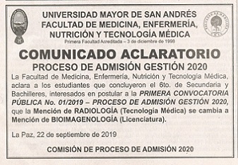 COMUNICADO ACLARATORIO PROCESO DE ADMISIÓN 2020