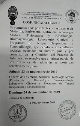 POSTERGACIÓN DEL PRIMER EXAMEN DE ADMISIÓN FACULTAD DE MEDICINA, ENFERMERÍA, NUTRICIÓN Y TECNOLOGÍA MEDICA