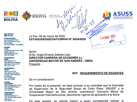 REQUERIMIENTO DE PASANTÍA PARA DIFERENTES ÁREAS DE LA ENTIDAD DE SUPERVISIÓN DE LA SEGURIDAD SOCIAL DE CORTO PLAZO "ASUSS"