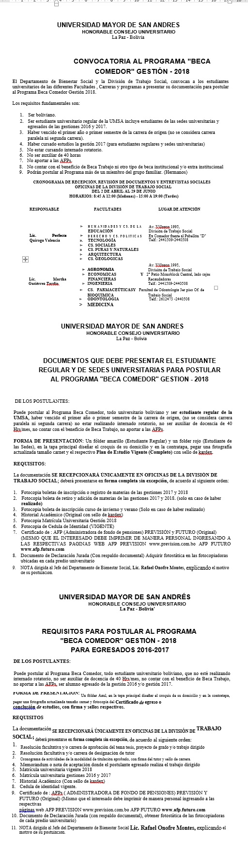 Pregrado Becas Universidad Mayor De San Andres