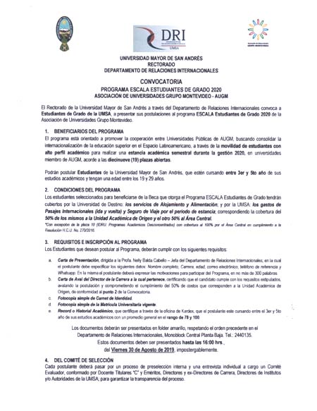 Icono de Convocatoria Abierta, postulación para el Programa ESCALA ESTUDIANTES DE GRADO- 2020. Asociación de Universidades Grupo Montevideo- AUGM.